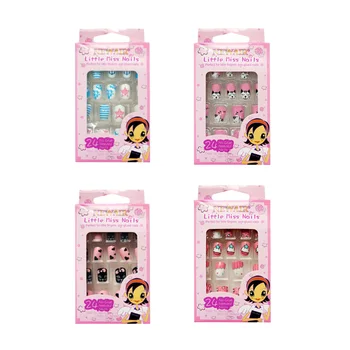 

4 Boxes Nail Sticker Nail Art Children Full Cover False Nail Kits Lovely Safe Fake Nails Gift For Kids Little Girls (24pcs/Box)