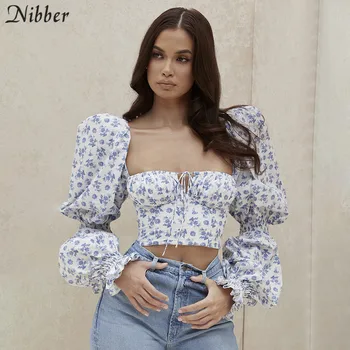 

Nibber Elegant Romantic Small Floral Female Y2k Top Crop Top Sweet Slim High Streetwear Woman Casual Pleated Club Tees Autumn