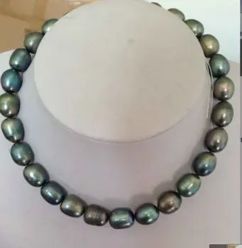 

stunning 10-11mm tahitian black green baroque pearl necklace 18inch 925silver gold