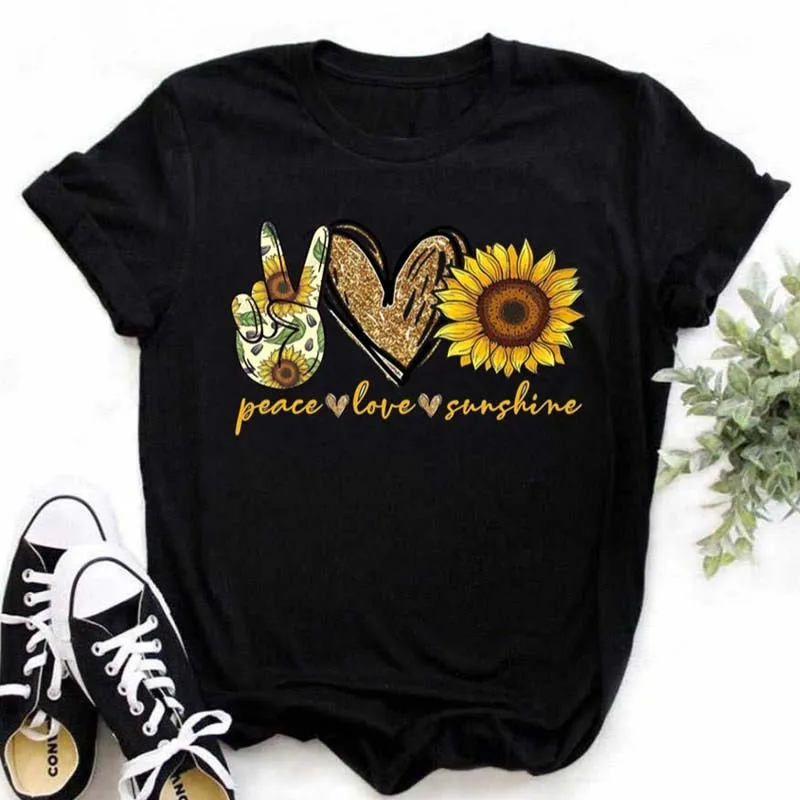 Maycaur Women's T-shirt Casual Kawaii Sunflower Butterfly Pattern Print Tshirt Comfortable Casual Women's Clothing Black Top cheap t shirts Tees