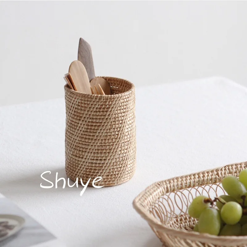 Handmade Rattan Tableware Storage Tube Student Stationery Box Kitchen Master Basket Round | Дом и сад