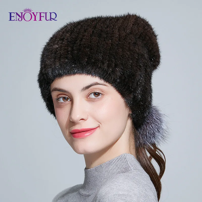 ENJOYFUR шапочка с меховым помпоном для женщин зимние женские Вязаные норковые меховые шапки настоящий помпон из лисьего меха шапка с отверстием для хвоста - Цвет: 07