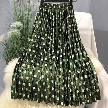 

Skirts Womens Fresh Little Daisy Printed Velvet Without Lining Pleated Skirt Mid-length Skirts Femme Nancylim Elastic Wasit