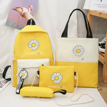 

4Pcs/set Flower Printed Travel School Laptop Backpacks Women Canvas School Bags for Teenagers Girls Book Bags Students Back Pack