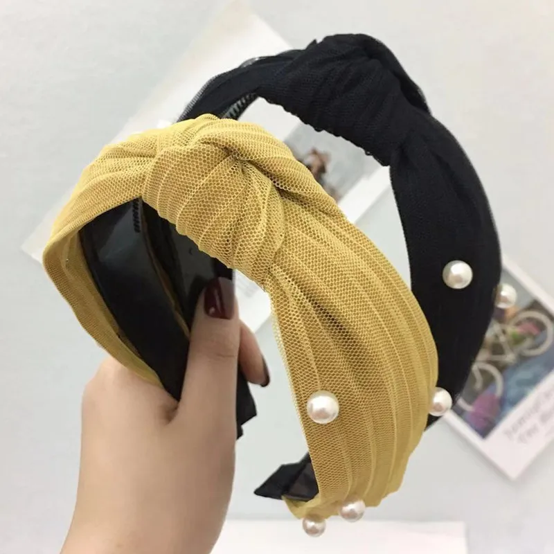 

2019 New Korean hairband net lace knot Pearl hairpin slip wide-brimmed hair accessories headband wholesale Fashion OL U-shaped