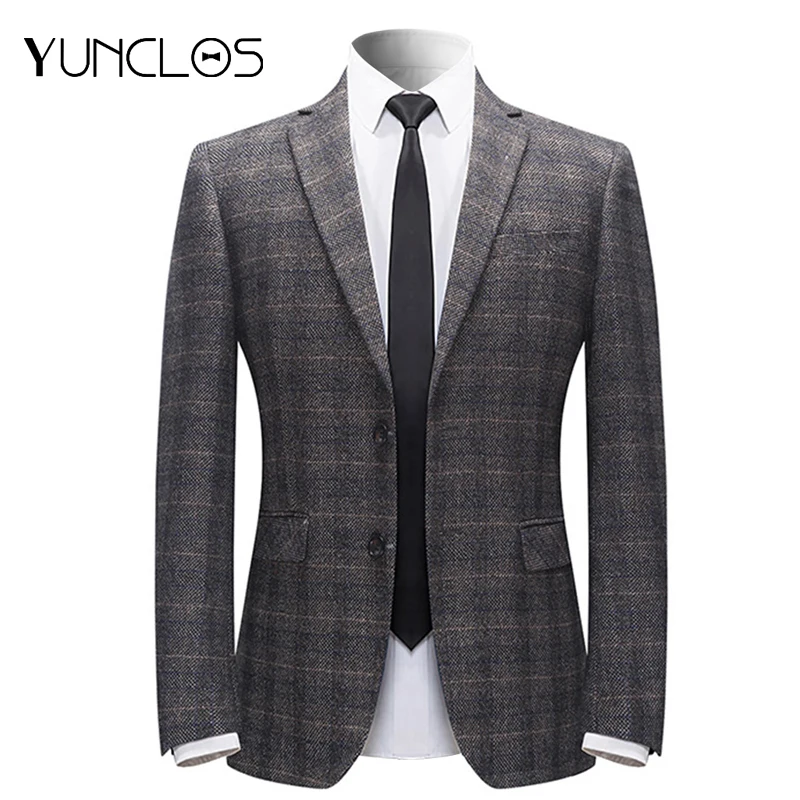 

Yunclos Men's Business Blazer Casual Slim Plaid Suit Jacket Single Breasted Two Buttons Coat Wedding Men Suit Blazer Masculine