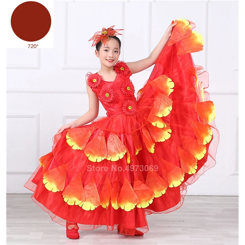 Цыганское Платье для девочек; детское испанское платье для фламенко; костюм для танца живота; длинный халат с лепестками пионов; одежда Феи для сцены - Цвет: 720Degree Color2