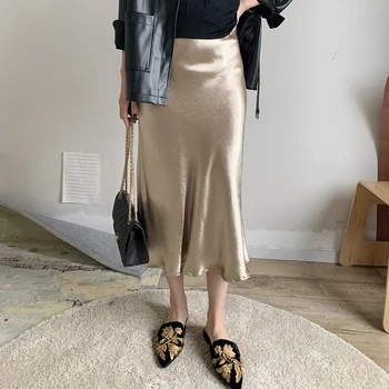 

Philosophy Yellow Purple Silk Skirt Summer satin trumpet high waist skirt Silver gold skirt Metallic Color party skirt