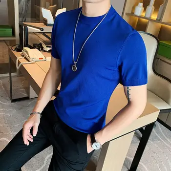 

2020 New Korean Version Of The Summer Personality Male Round Neck Knitted Short-sleeved British SlimSolid Color Ice SilkT-shirt