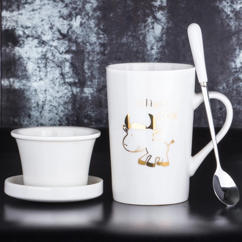 Креативная мультяшная 12 зодиакальная керамическая чашка индивидуальная чайная чашка с крышкой Ложка кофейная чашка офисная чайная чашка - Цвет: Лиловый