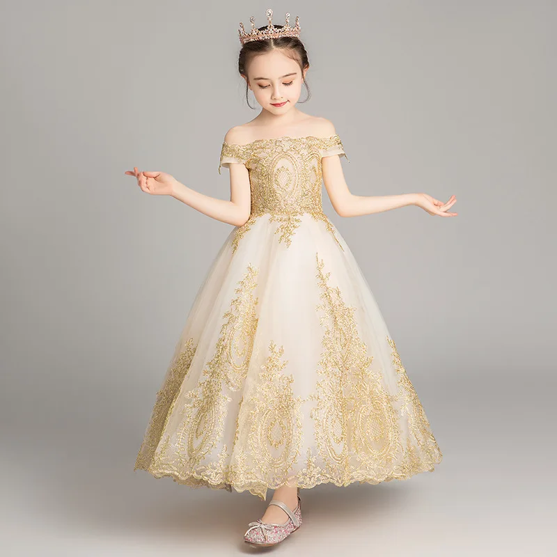 Детское свадебное платье для девочек торжественное платье принцессы на одно плечо с золотой шелковой вышивкой для первого причастия, вечерние платья для выпускного вечера для девочек возрастом от 3 до 12 лет