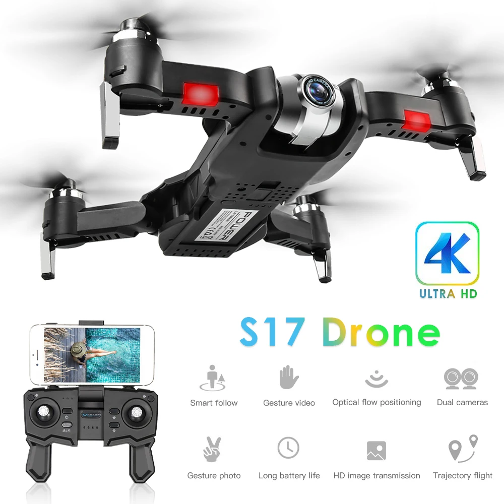 

S17 2.4G Wifi FPV RC Drone with 4K Camera HD Trajectory Flight Palm Production Gesture Photo Video Follow Me RC Quadcopter Gifts