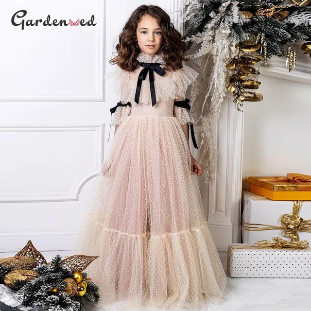 Polka-dot Tulle Flower Girl Dresses Illusion Long Sleeves Girl Wedding Party Dress Ribbons Communion Dress Birthday New Year pink Floor Length