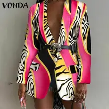 Vonda 2021 outono blazer feminino vintage impresso manga longa turn down pescoço casacos solto praia outerwears senhoras blazer oversize
