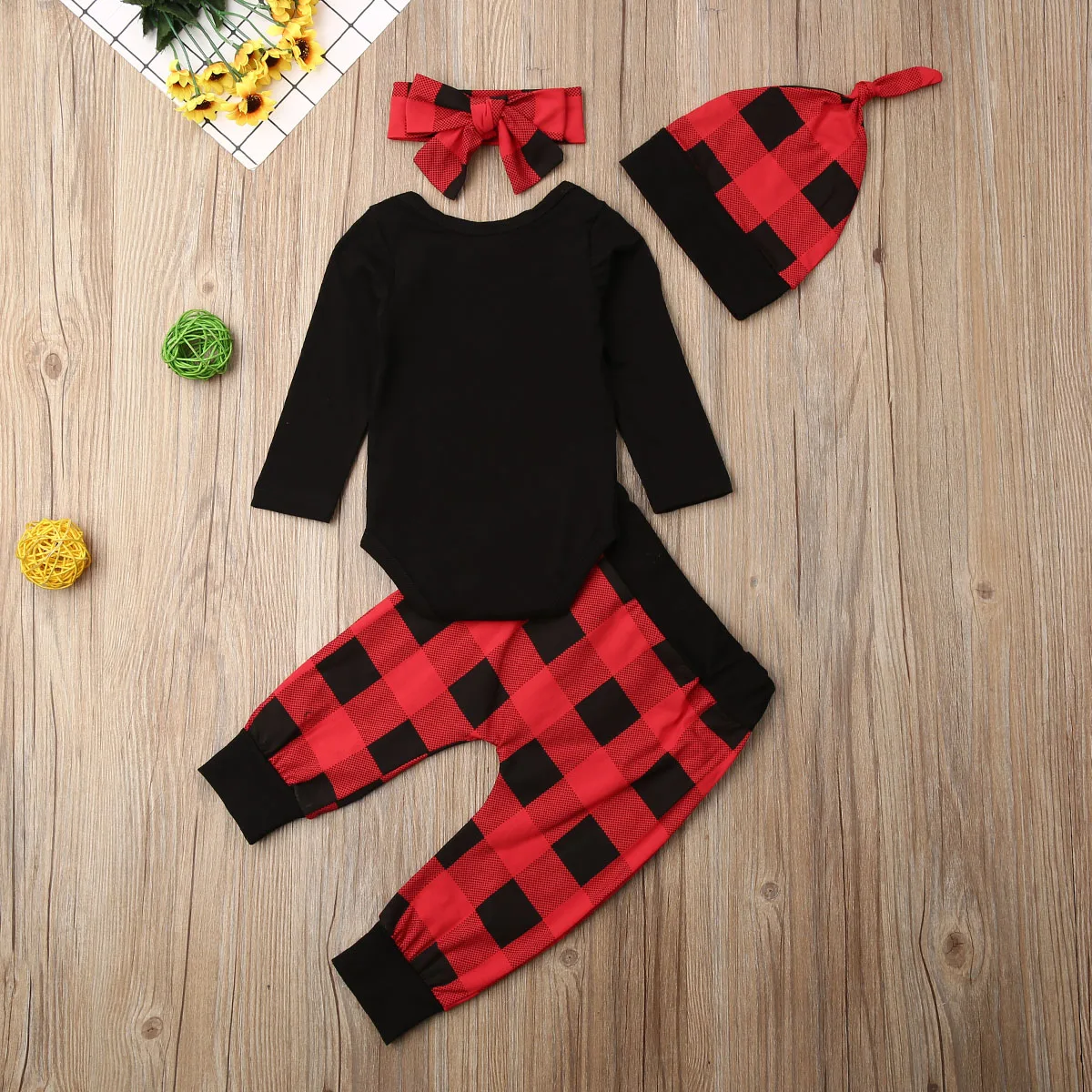 4PCs Infant Newborn Baby Boy Girl Sets Letter Long Sleeve Romper Red Plaid Pants Hat Bowknot Outfits Cute Casual Clothes 0-24M