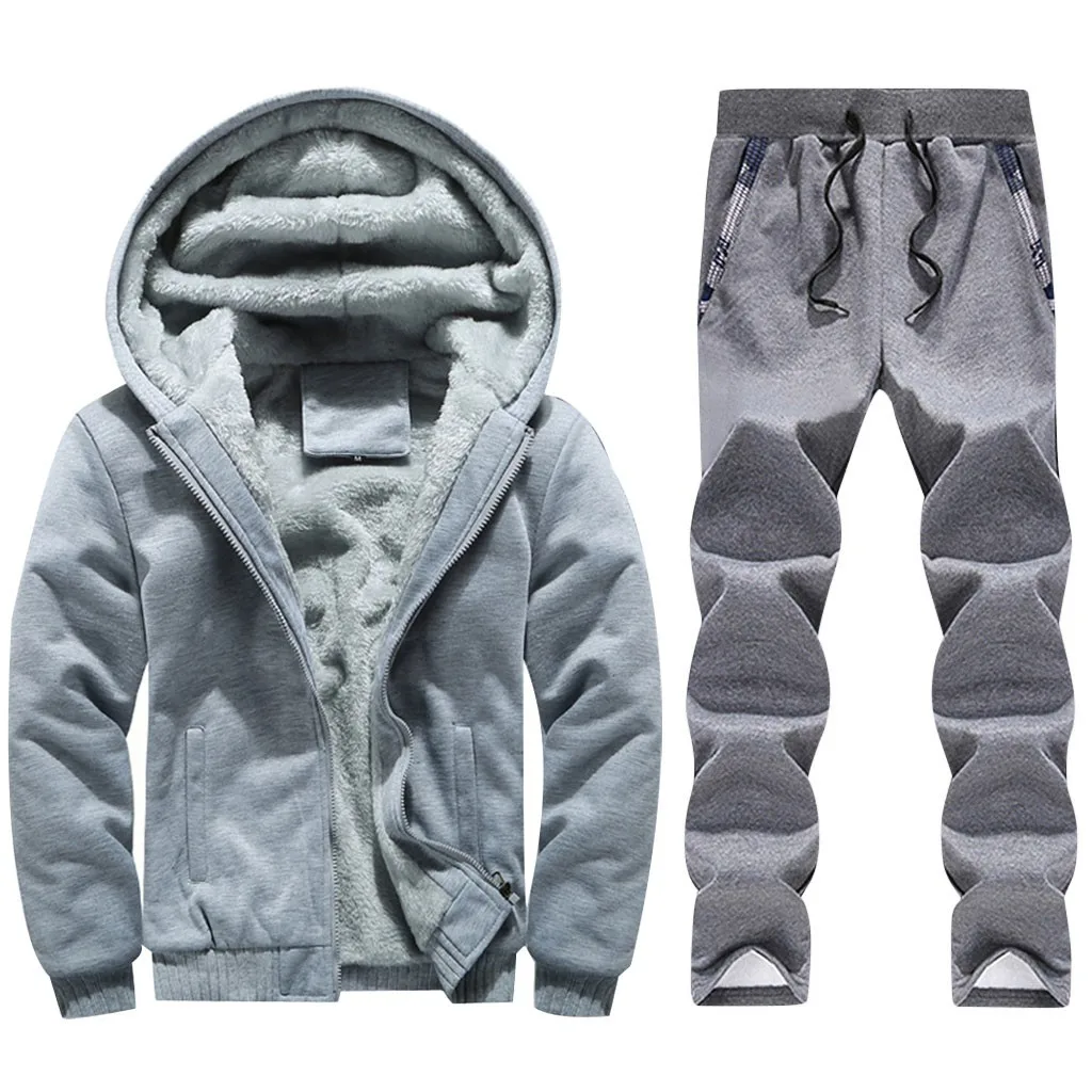 Gray Мужские комплекты с мехом внутри, модный спортивный плотный костюм, толстовки на молнии, толстовка+ спортивные штаны, комплект из 2 предметов, мужской спортивный костюм с принтом совы - Цвет: Gray