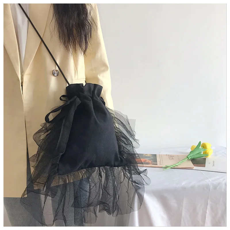 

Ougger Little Women Crossbody Bag Shoulder Bags Summer Black Canvas Latest Model Fashion Bucket Bag with Lace for Birthday Party