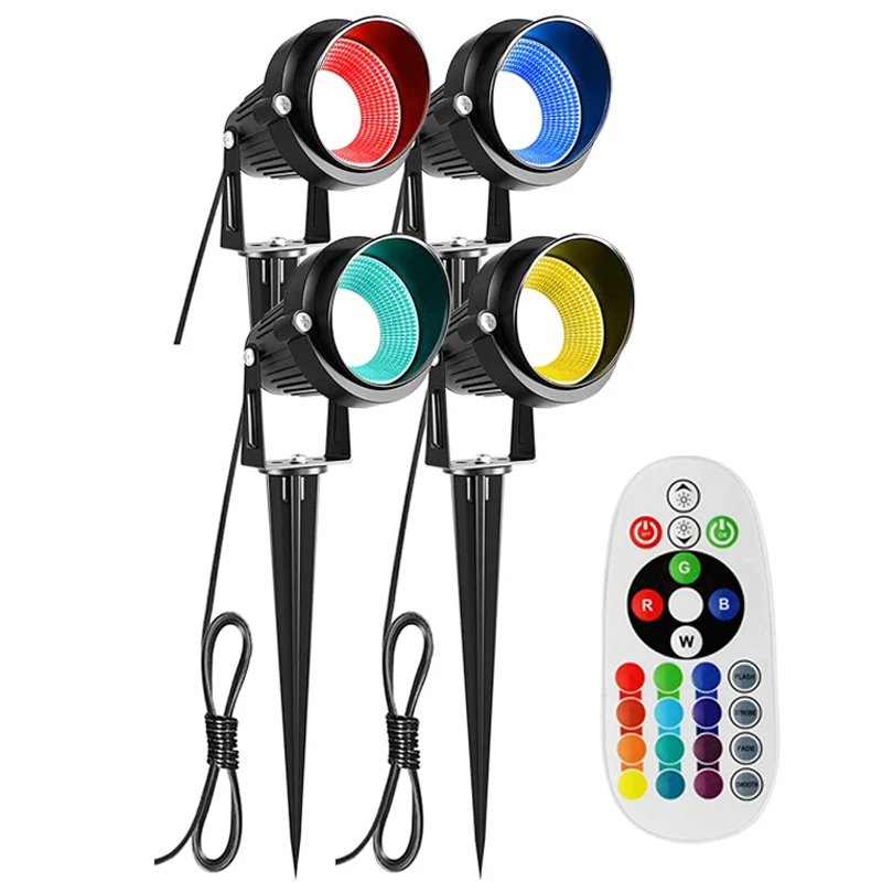 RRDWQ-10W RGB Color Changing Landscape Lights, Outdoor Waterproof LED Spotlights Remote Plug Garden Yard Patio Driveway Birthday Holidays Decoration