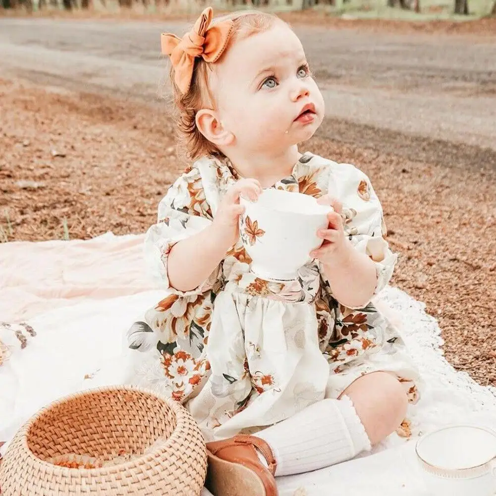 

Leisure Daily Sweet Dresses Girl Summer Round Collar Long-Sleeves Clothes Children Lace Up Printing Stitching Princess Dress