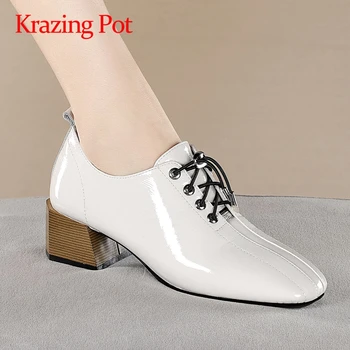 

Krazing Pot large size real leather gentlewomen high quality autumn shoes med square heels round toe lace up women pumps L3f9