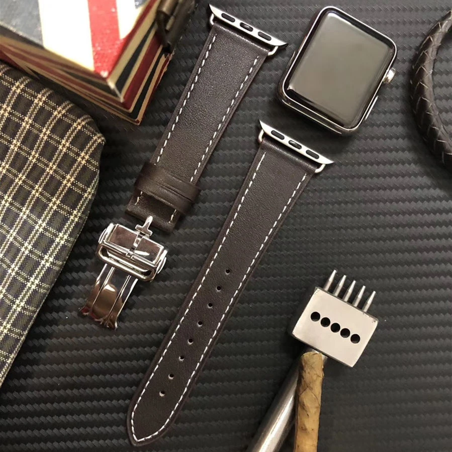 Модный Роскошный кожаный ремешок с застежкой-бабочкой для Apple Watch series 5 4 3 2 1 38 40 ремешок для iWatch Edition 42 44 мм ремешки для часов