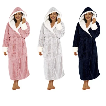 

Plush Bathrobe Women Warm Hooded Robe Ladies Winter Casual Flannel Kimono Bath Robes Dressing Gowns Bathrobe Pijama Mujer
