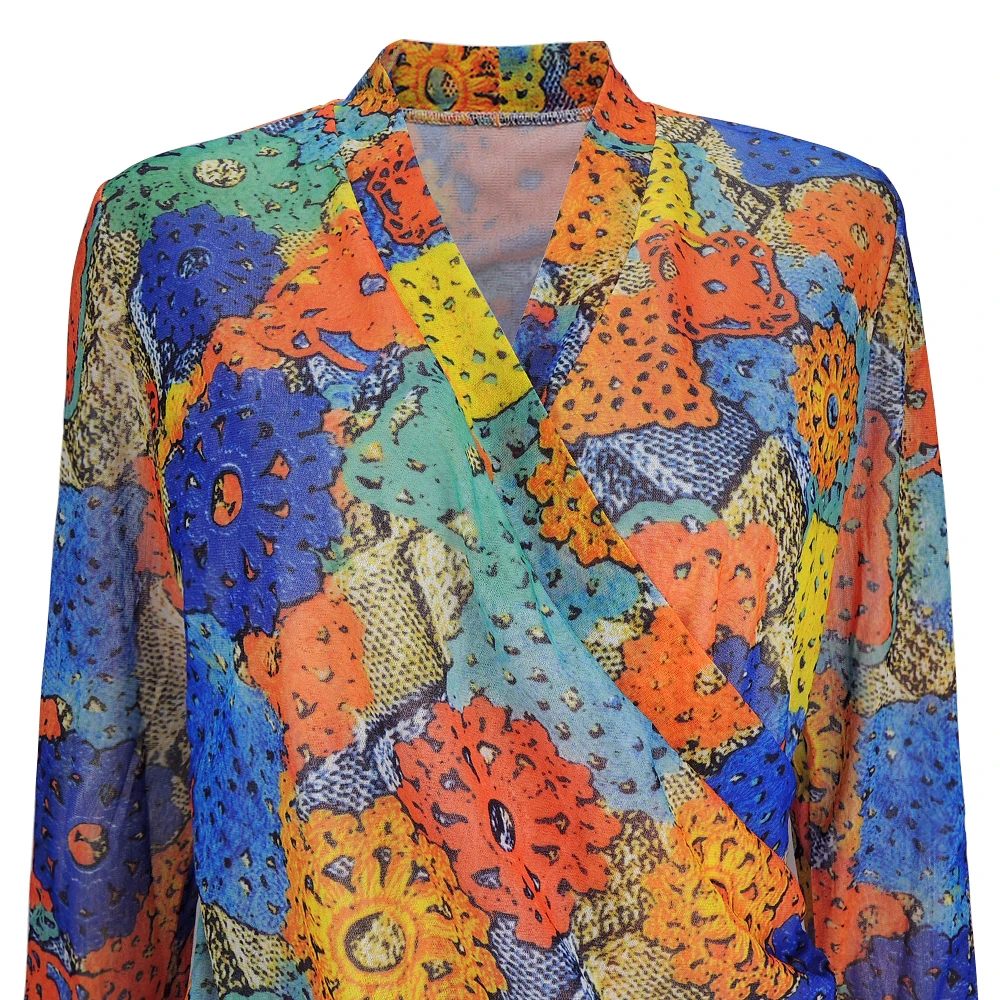 YTL размера плюс, женская блузка с v-образным вырезом, скрученный подол, кружевная сетчатая блузка, рубашки, женская рубашка с принтом, длинный рукав, 4XL 6XL, H261