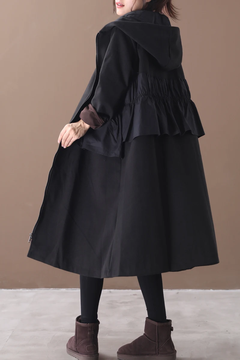 female new autumn and winter plus size korean style outerwear literary ruffled stitching hooded with velvet loose trench
