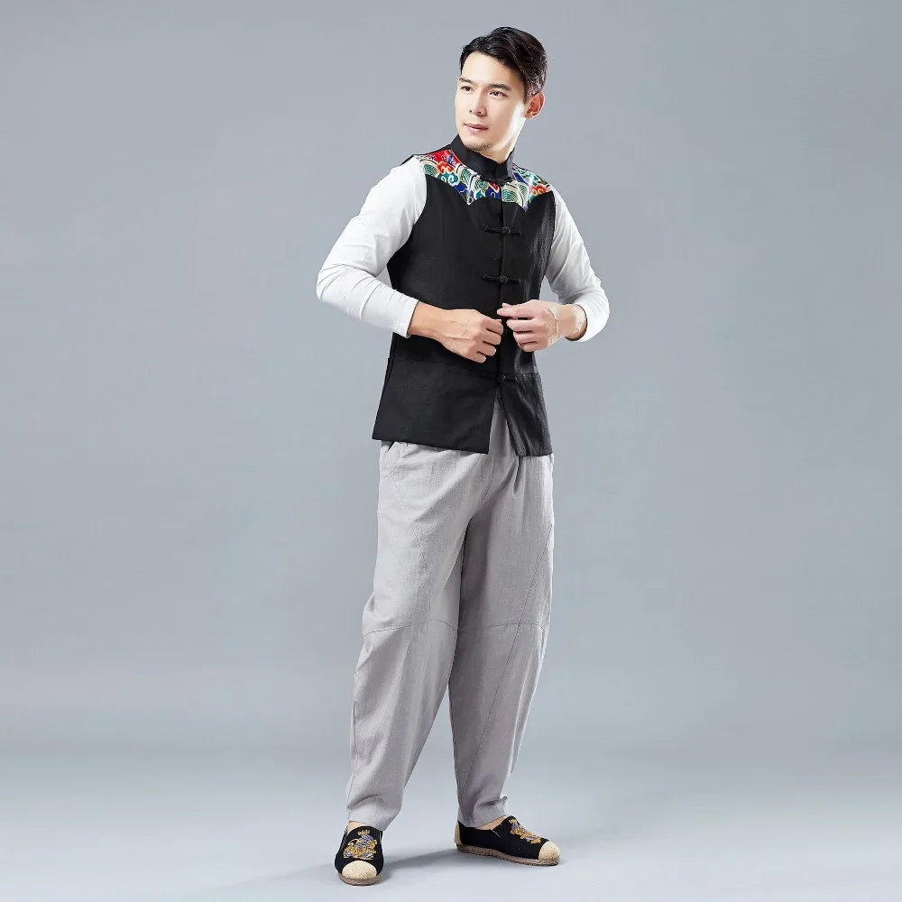 LZJN 2019 Men's Summer Waistcoat Chinese Style Print Patchwork Linen Button Down Kung Fu Shirt Sleeveless Vest Jacket (10)
