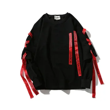 

Autumn winter men ribbons patchwork punk rock hip hop hoodie fleece sweatshirts women harajuku 3d vintage crewneck streetwear