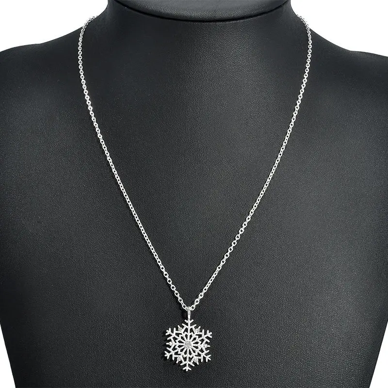 Christmas Necklace Gift Silver Snowflake Pendants Snow Flower Chain Women Necklace Jewelry