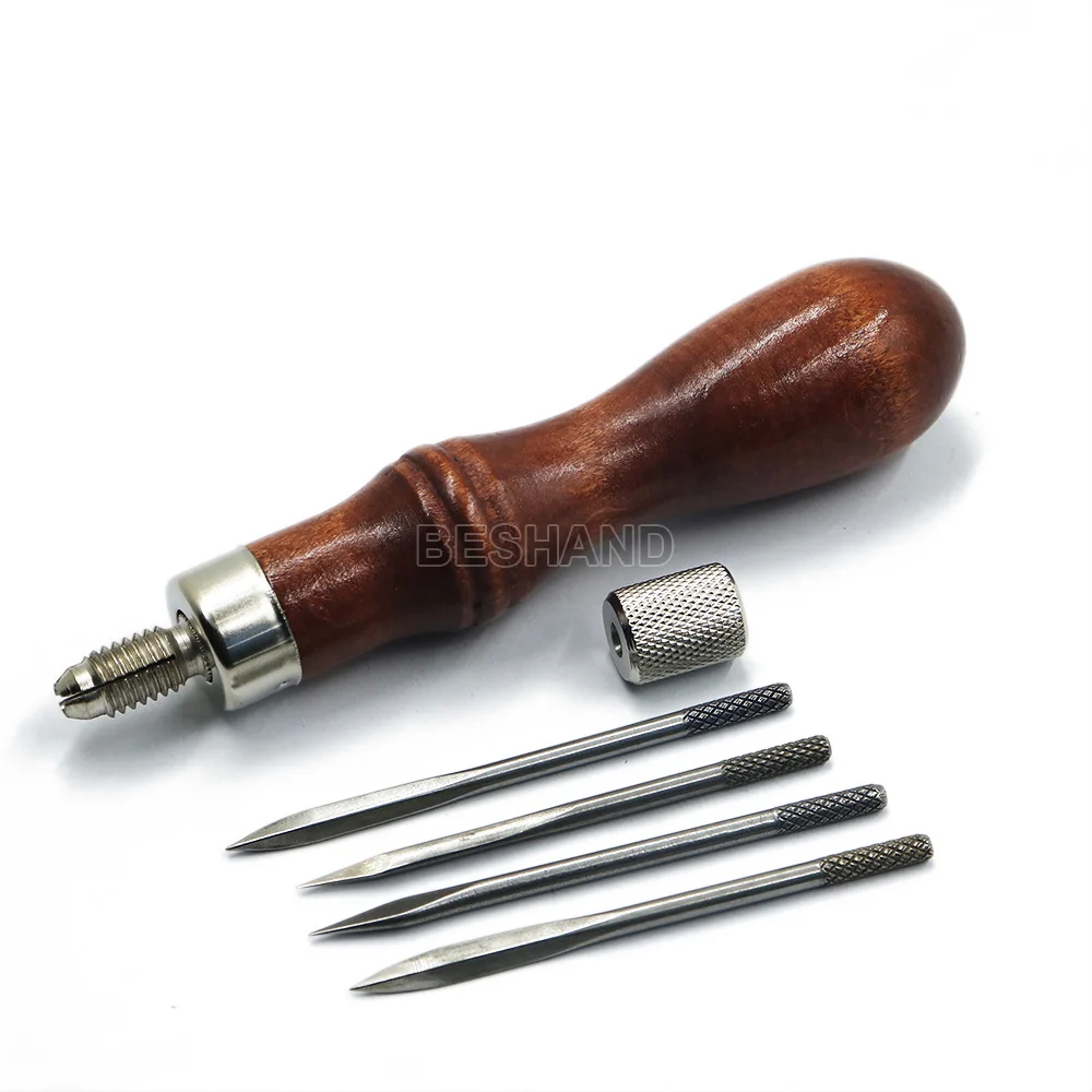 Leather Craft Awl tool Kit 4 in 1 Diamond Awl Pricking Iron wood Handle Leather Sewing Lacing Stitching Drilling Holes