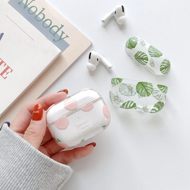 Чехол с изображением персикового банана и листьев для Apple Airpods Pro /2/1 прозрачный