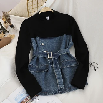 

New Korean Fashion Stitching Denim Shirt 2020 Spring Students Leisure Long Sleeve Slim Blouse Oblique Button Blusas