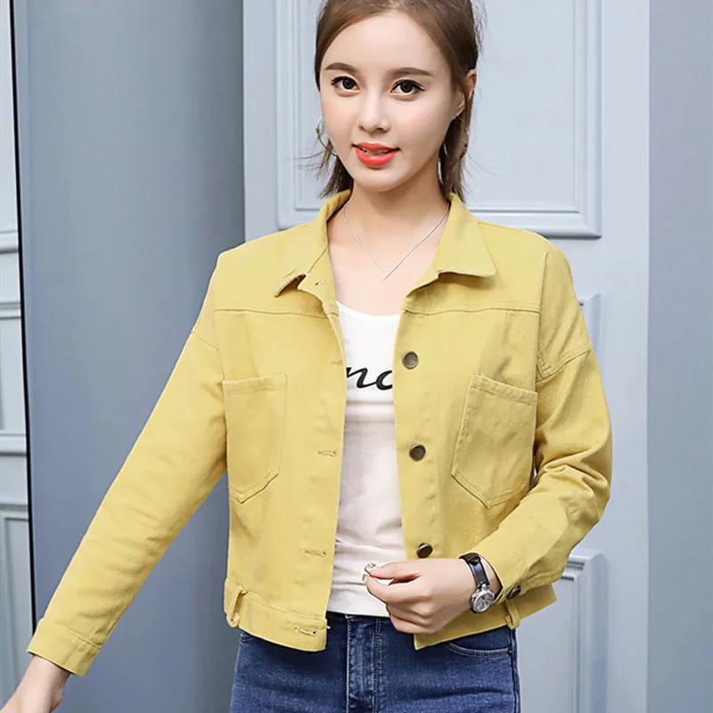 

Boyfriend Yellow Pink Denim Jacket Short Women Oversized Crop Jeans Jacket Vintage Casual Long Sleeve Women's Jacket