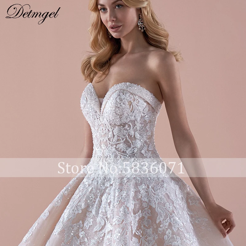 Detmgel New Sexy Strapless Lace Up Beaded Bride A-Line Wedding Dresses 2022 Gorgeous Appliques Chapel Train Princess Bridal Gown plus size wedding dresses