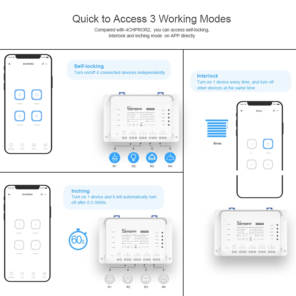 Интеллектуальный выключатель света SONOFF 4CH R3/PRO R3 433 МГц беспроводной