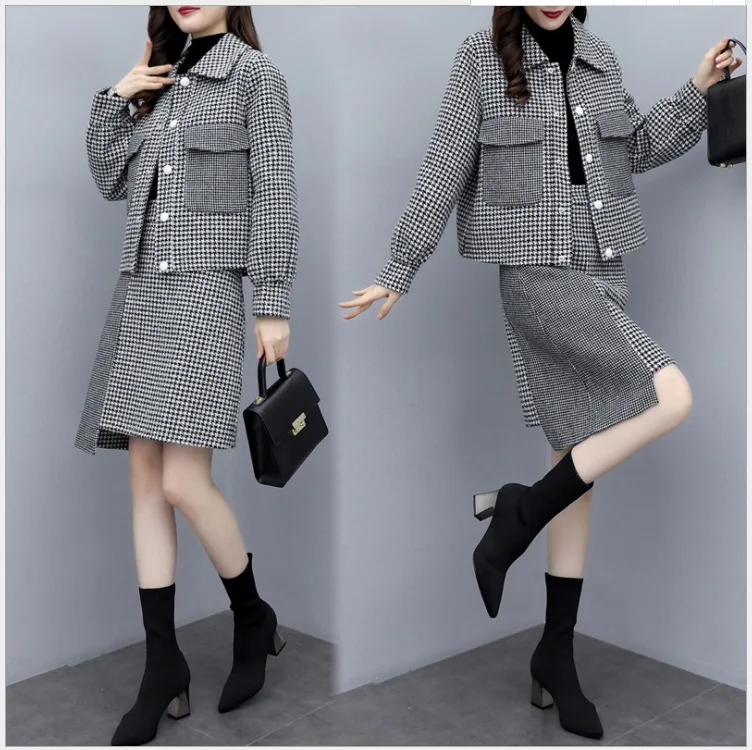 

2019 New Style WOMEN'S Dress Autumn And Winter Two-piece Dress Thousands of Birds Woolen Jacket Short Skirt Elegant Casual Fashi