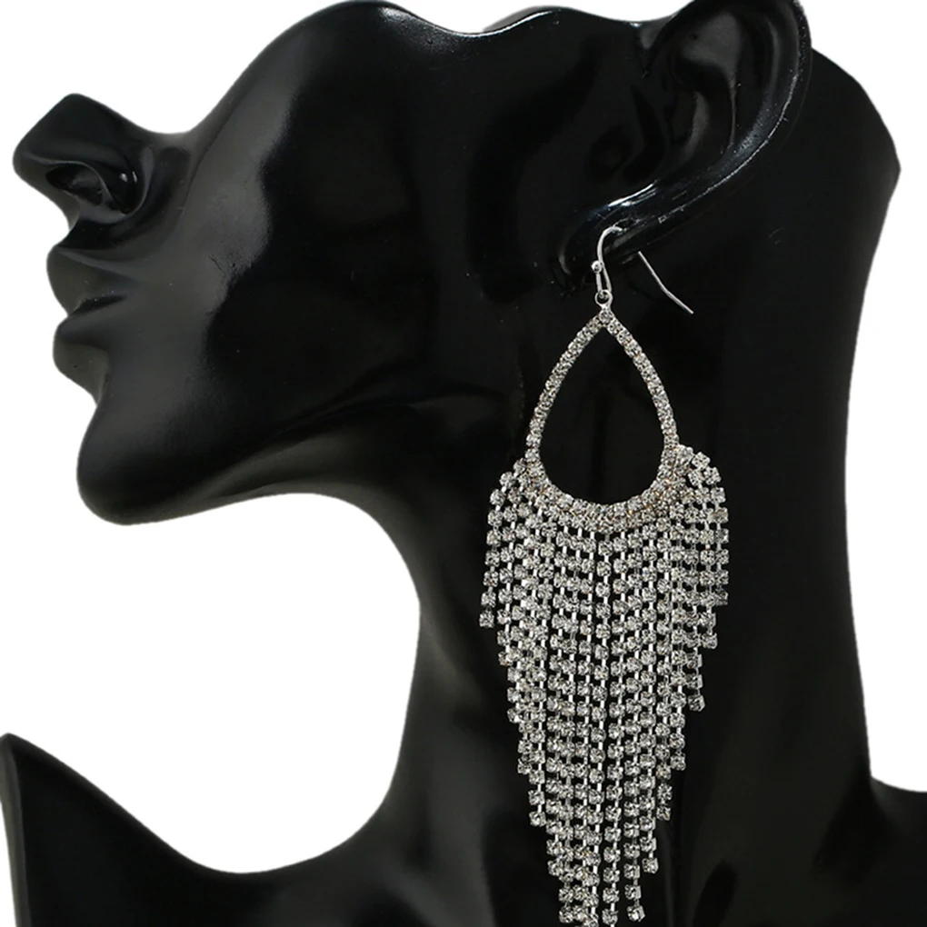

Women Elegant Sparkling Clear Full Rhinestone Waterfall Shape Pendants Dangling Long Earring