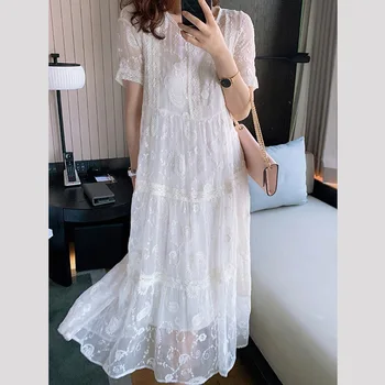

High quality 2020 summer women white silk embroidered dress loose mid-length skirt beach vacation bohemian long skirt