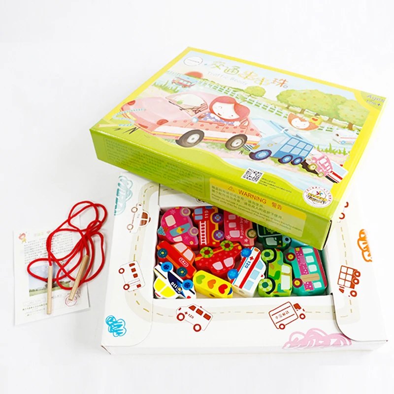 

Wooden Transportation Cars Lacing Blocks Wooden Threading Beads Game Educational Toy for Kids