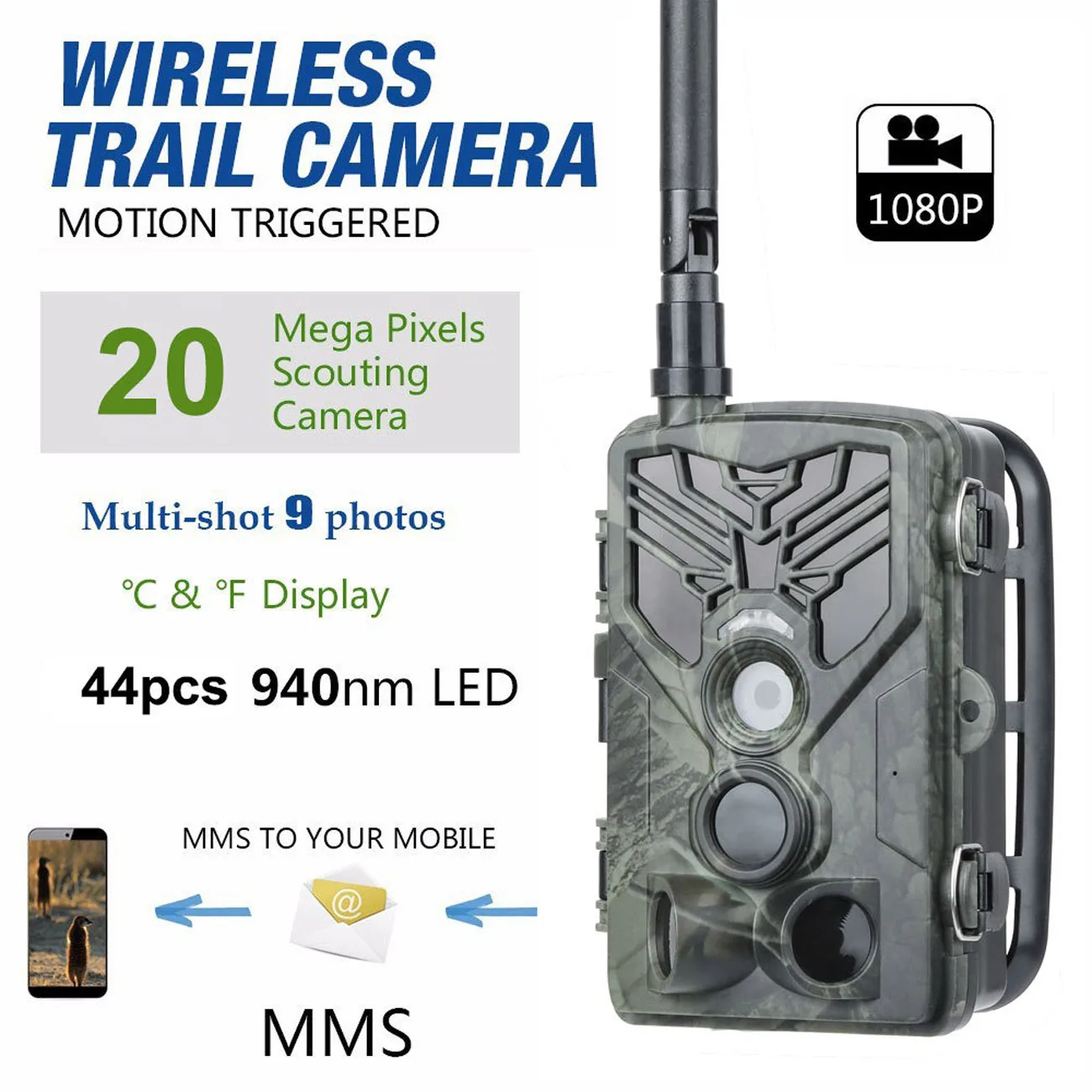 16MP 1080P Hunting Trail Camera 2G MMS Cellular Wireless Wildlife Night Vision 