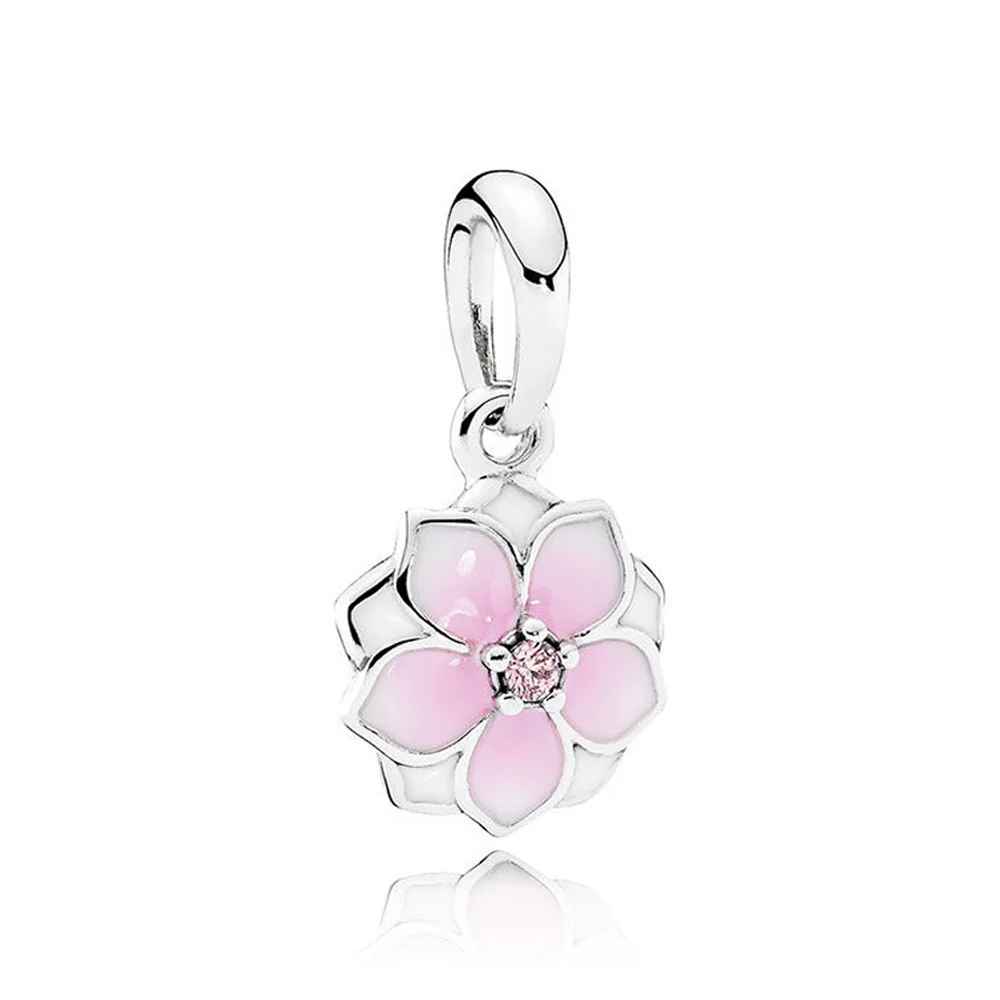 

Real 925 Sterling Silver Bead Rose Pink Magnolia Bloom Flower Dangle Charm Fit Pandora Women Bracelet Bangle Gift DIY Jewelry