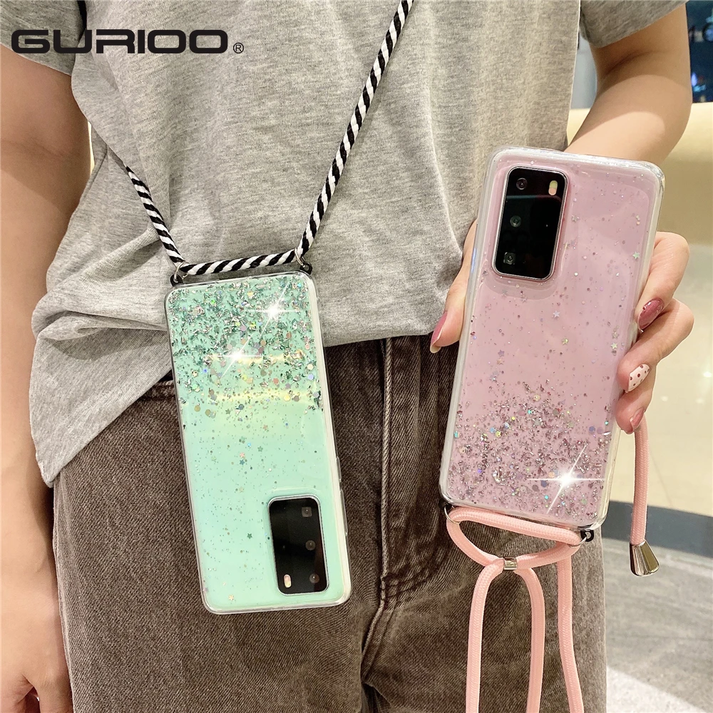 Bling Glitter Strap Necklace Case For Huawei Y7P Y5P Y6P 2020 P40 P30 Lite P20 Pro Mate 30 20 Nova 5T P smart Plus Z 2019 Cover