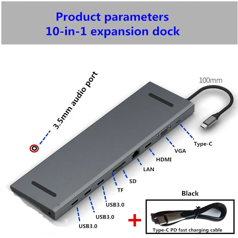 Концентратор-C USB3.0 концентратор Ethernet соединение тип-c PD для смартфона huawei Xiaomi MacBook Расширение Док-станция 4 к HDMI SD TF LAN - Цвет: Grey PDB line