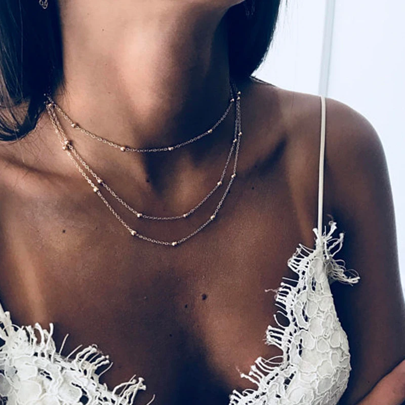 New Simple Boho Gold Silver Color Chain Beads Choker Necklace Women Layerd Chocker Necklaces For Women Collar Jewelry Wholesale