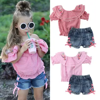 

Kids Baby Girl Off shoulder Embroidery Flower Plaid Tops+Denim Shorts Jeans 2PCS Outfits Clothing Set