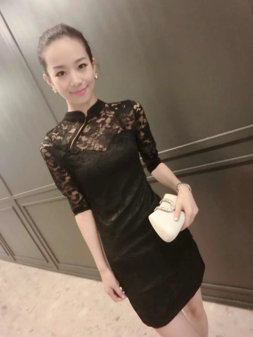 Улучшенный стиль, Ретро мода, летняя повседневная одежда, Cheongsam, рубашка с коротким рукавом для девочек, облегающее сексуальное кружевное платье для женщин