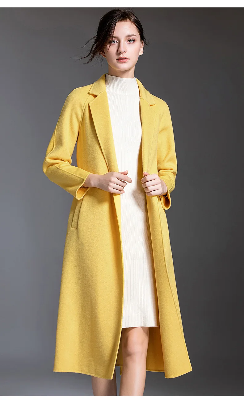 Autumn Winter Fashion New Plus size Yellow Double-sided cashmere Coat Women Office Long Overcoat High quality slim Woolen Coat