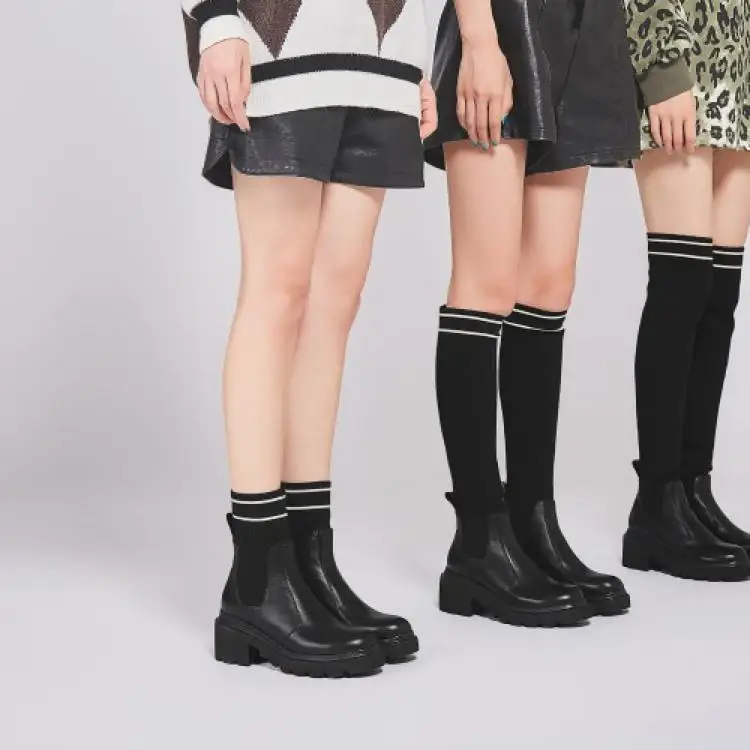 

Thick with leather bottom knitting Martin boots in waterproof Taiwan black elastic tube short boots head layer cowhide